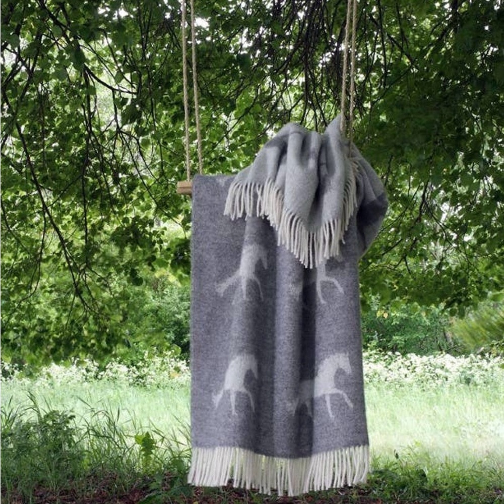 Gray Horse Wool Throw Blanket with Fringe